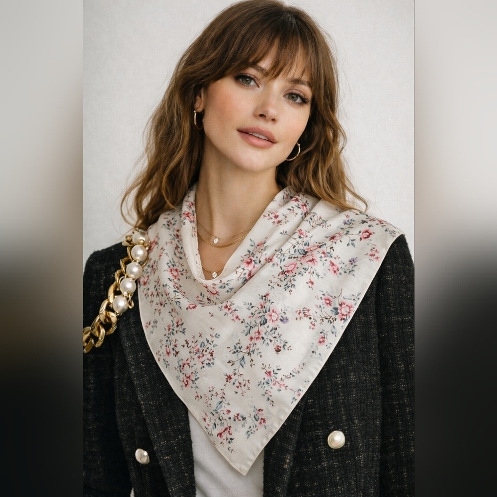 Women's Scarf Cream Red Floral Spring Scarf 27"/27" Square Polyester